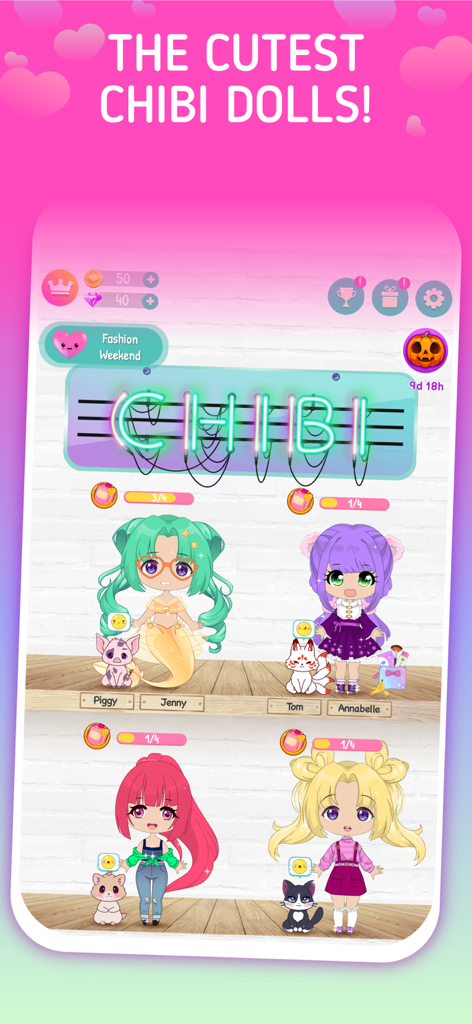 Chibi Doll Maker Dress Up Game - Four cute chibi dolls and their pets in the Glamora dress up game