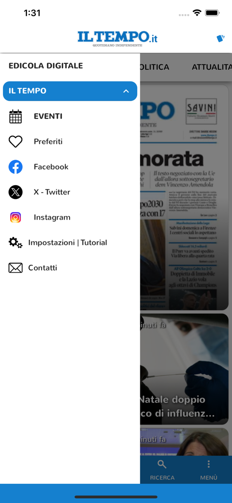 Il Tempo edizione digitale - Menu di navigazione laterale dell'app mobile dell'edizione digitale de Il Tempo con collegamenti a eventi, preferiti e social media.