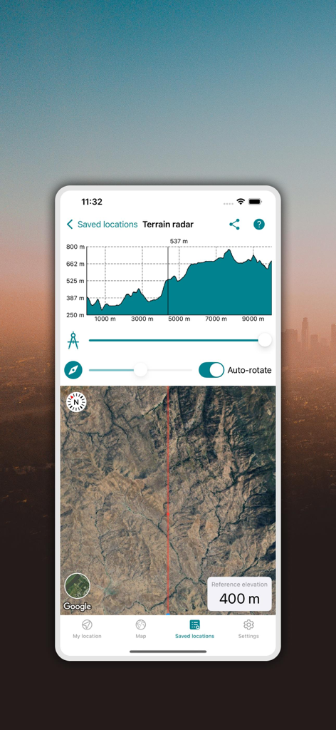 Terrain radar interface showing an elevation graph and satellite map view