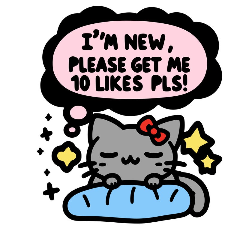 kitty taking a nap dream talking and saying "i'm new, please get me at least 10 likes pls!!"