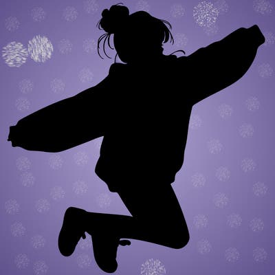 realistic girl jumping with a bun and oversized sweatshirt