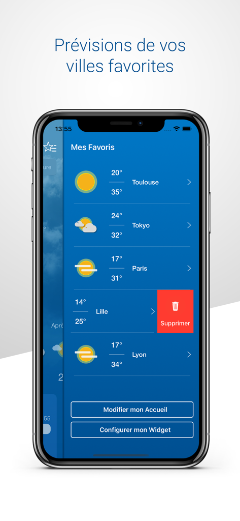 App Météo-France che mostra le previsioni meteo per un elenco di città preferite.