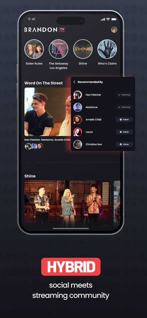Brandon TV - Brandon TV app interface showcasing social community features and premium streaming content titles