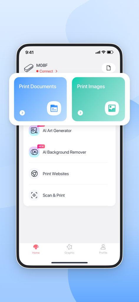 Phomemo - Pantalla de inicio de la aplicación Phomemo que muestra opciones de impresión de documentos e imágenes con funciones de IA.