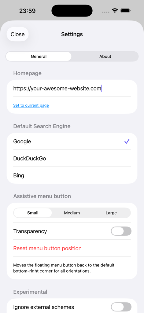 Einstellungen-Oberfläche von ZenBrowser mit Optionen zur Konfiguration der Homepage und zur Auswahl zwischen Suchmaschinen wie Google und DuckDuckGo