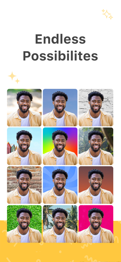Background remover : remove.bg - Ein Raster mit 12 Porträtfotos eines lächelnden Mannes, das verschiedene Optionen zur Hintergrundersetzung zeigt, einschließlich Volltonfarben und Außenszenen