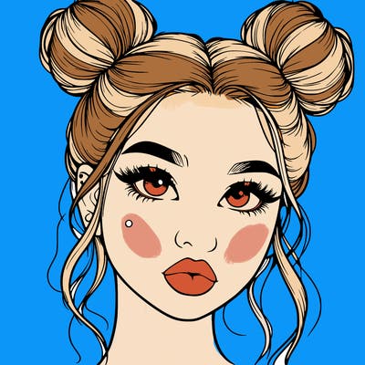 realistic girl with two buns on her hair and lips