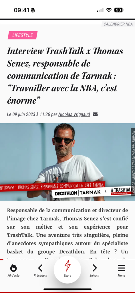 TrashTalk - Actus & vidéos NBA - TrashTalk app screen showing a lifestyle interview article with Thomas Senez from Tarmak about the NBA.