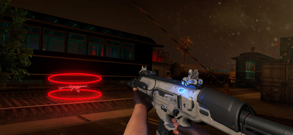 First-person shooter view in Spider Train Survival Horror showing a rifle and dark train yard environment.