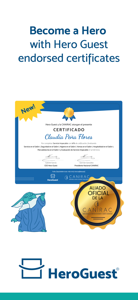 Certificado digital de formación en hostelería de Hero Guest con insignia de aprobación de la industria