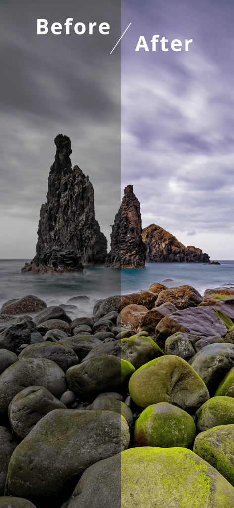 Filtra - Preset for Lightroom - A side by side comparison of a landscape photo showing the effect of a Lightroom preset filter