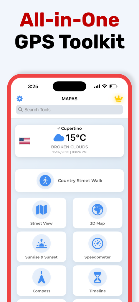 MAPAS app dashboard featuring an all in one GPS toolkit with street view and 3D map options