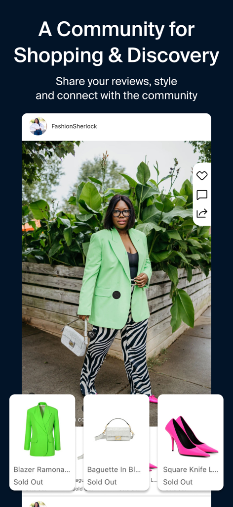 ModeSens app community feed featuring user reviews and luxury style discovery