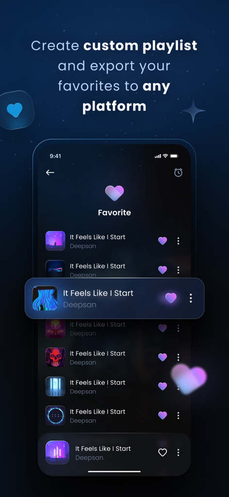 Luna Deep - Prime music wave - Interfaccia dell'app Luna Deep che mostra un elenco di brani musicali preferiti con un'estetica scura e stellata.
