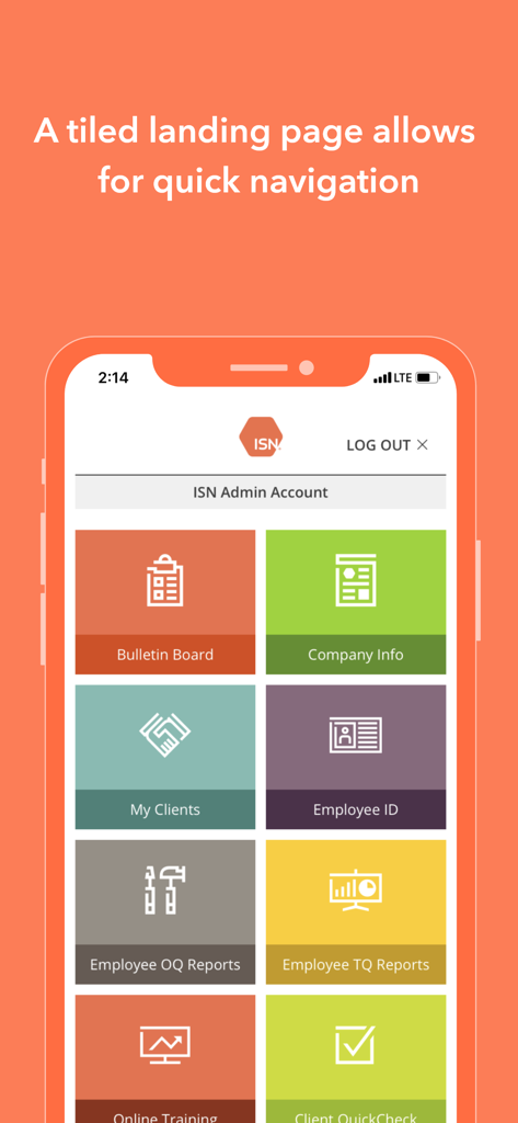 ISNetworld - ISNetworld mobile app dashboard showing a tiled landing page for quick navigation