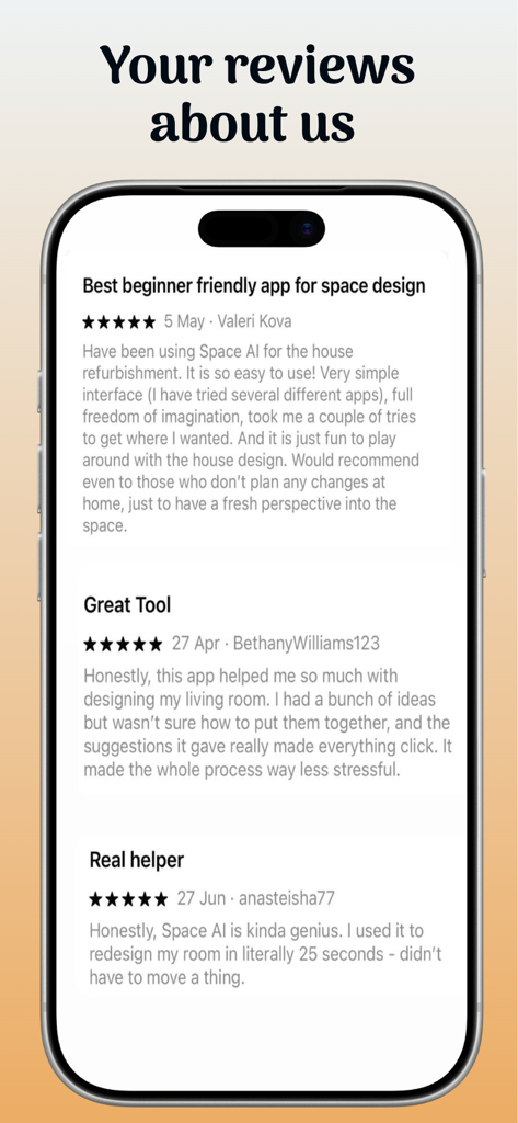 AI Room Design: Space AI - Smartphone mostrando reseñas positivas de cinco estrellas de usuarios para la aplicación de diseño de habitaciones Space AI.