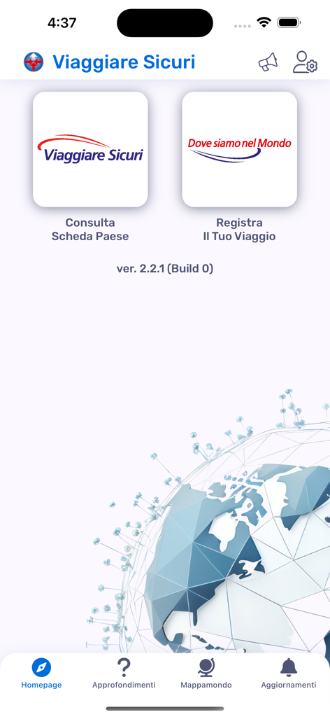 Viaggiare Sicuri - The home screen of the Viaggiare Sicuri mobile app showing buttons for country safety profiles and trip registration.