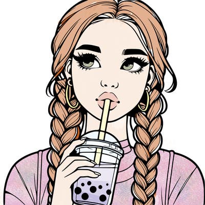 realistic girl with braided hair drinking boba