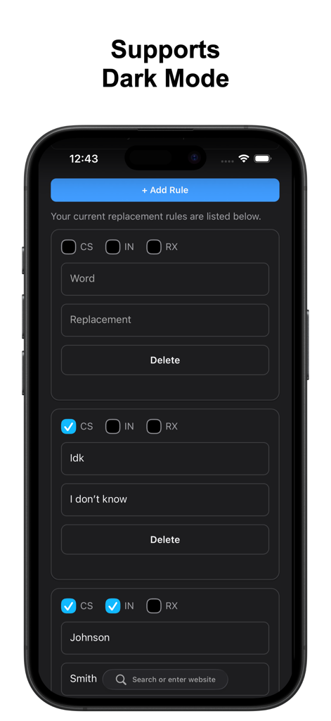 Screenshot of Word Replacer for Safari app interface in dark mode showing various text replacement rules on an iPhone screen.