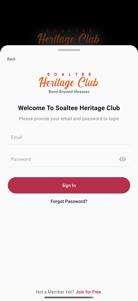 Login screen for the Soaltee Heritage Club mobile app