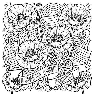 Embrace the spirit of love and diversity with this beautiful coloring page, featuring majestic oriental poppies intertwined with vibrant Pride symbols. It's a perfect way to celebrate individuality and unity through art.