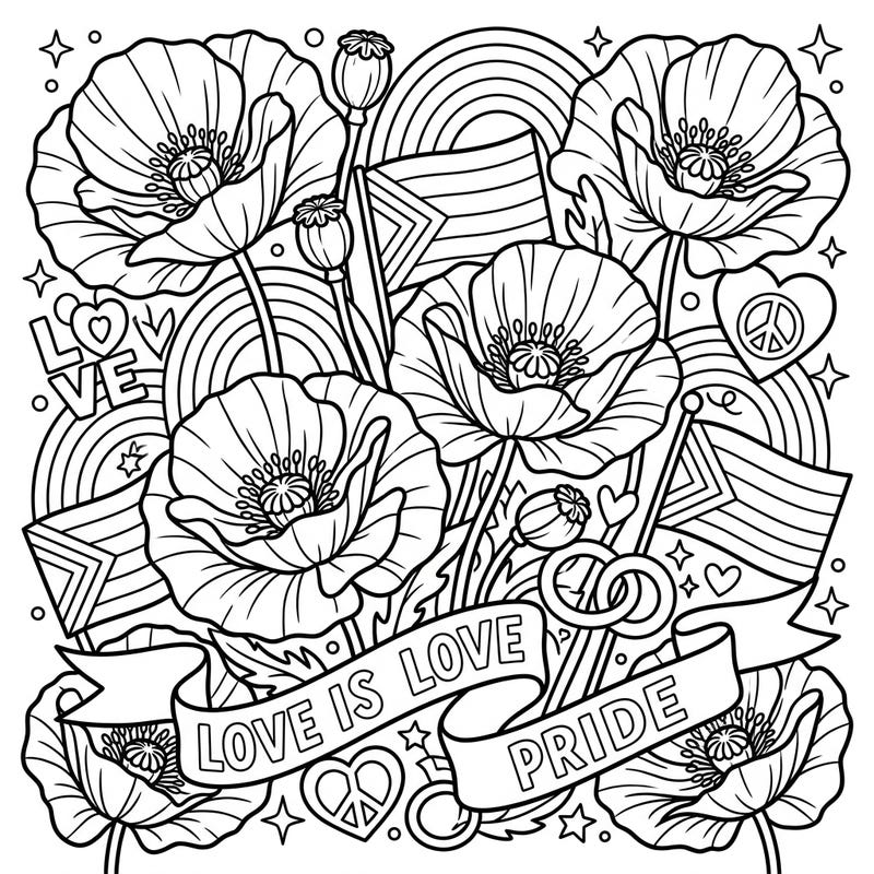 Embrace the spirit of love and diversity with this beautiful coloring page, featuring majestic oriental poppies intertwined with vibrant Pride symbols. It's a perfect way to celebrate individuality and unity through art.