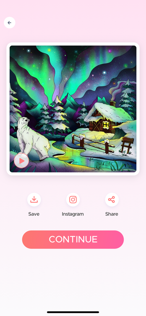 Coloring Fun : Color by Number - A completed coloring page of a polar bear and a snowy cabin under the aurora borealis.