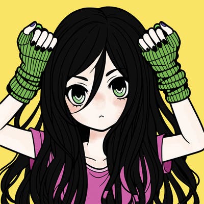 long haired girl with fingerless gloves