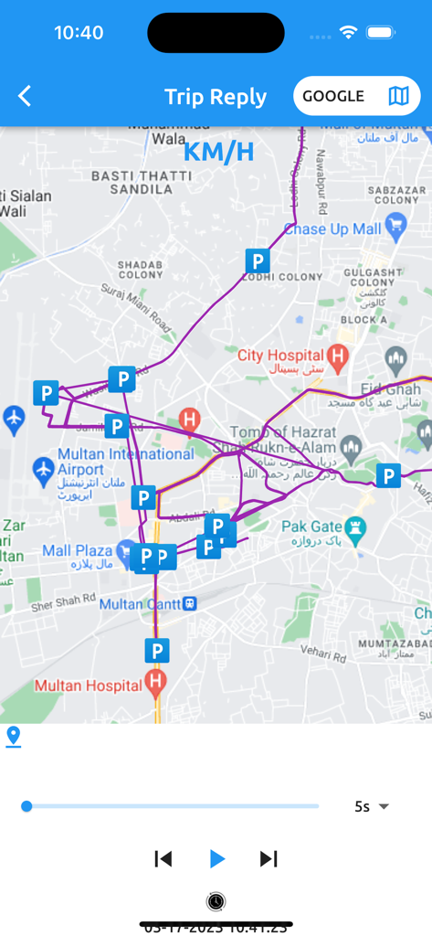 U Track Pro app screen displaying a vehicle trip route history on a map