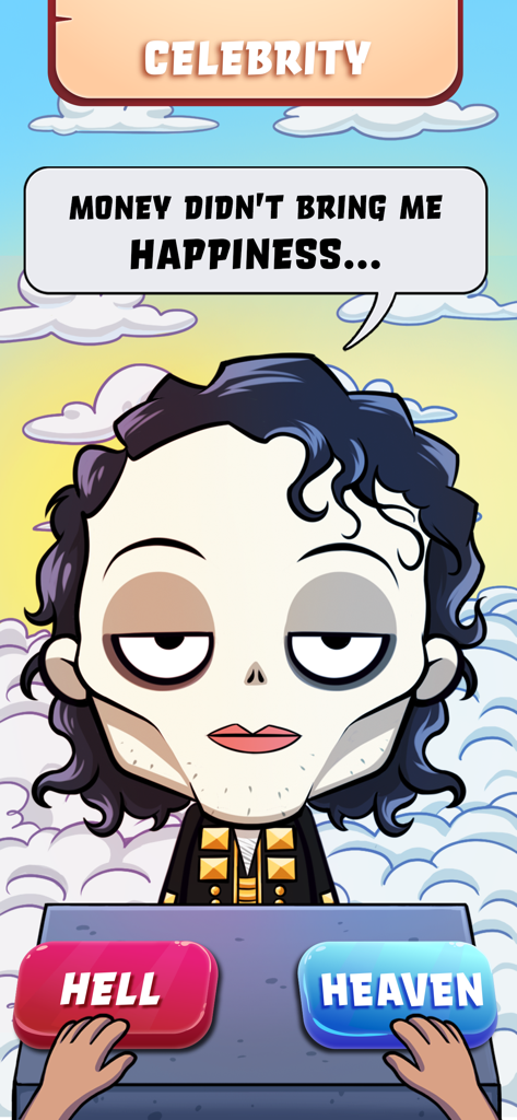 A cartoon celebrity character being judged with heaven and hell buttons in the Judgment Day mobile game