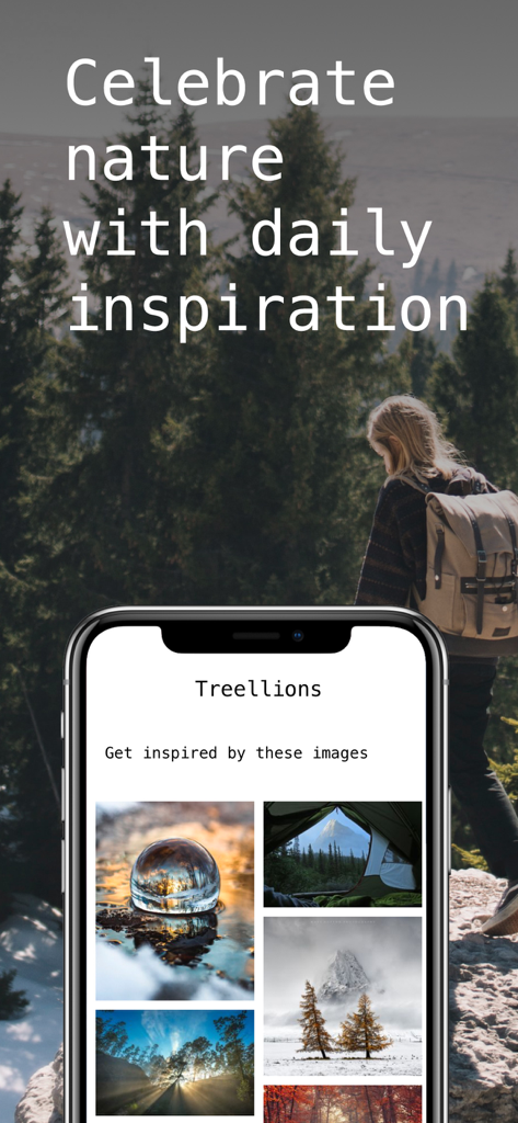 Treellions - We Plant Trees - Smartphone displaying the Treellions app nature photo feed with daily inspiration text
