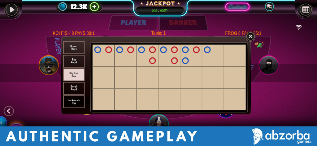 Interfaz del juego móvil Baccarat Live que muestra un registro de juego auténtico con estadísticas del jugador y de la banca.