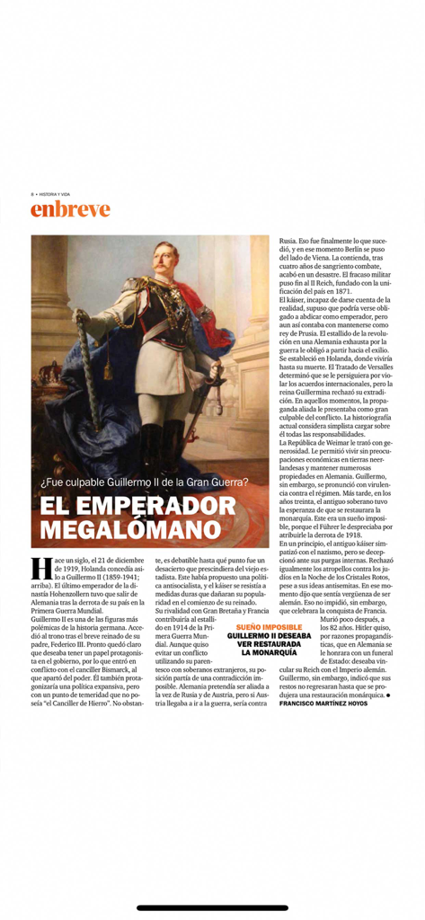 Historia y vida - Artigo sobre o Imperador Guilherme II na revista digital Historia y Vida