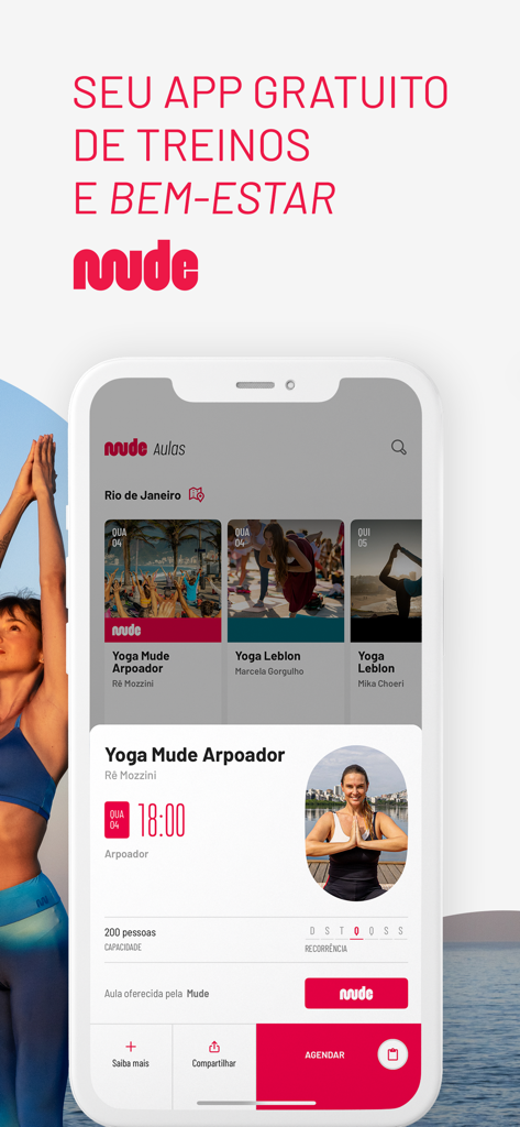 Mude - Fitness e Yoga - Mude app interface showing outdoor yoga class scheduling and instructor details in Rio de Janeiro