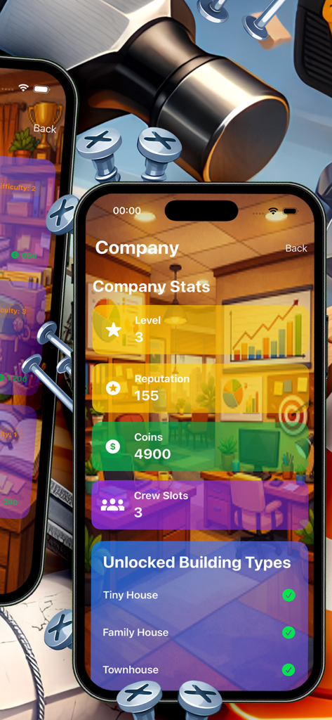 Towerish - Captura de pantalla del juego Towerish que muestra estadísticas de la empresa y tipos de casas desbloqueados.