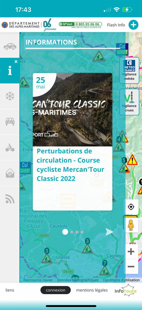Inforoutes 06 - Real-time traffic map and road alerts on the Inforoutes 06 mobile application.