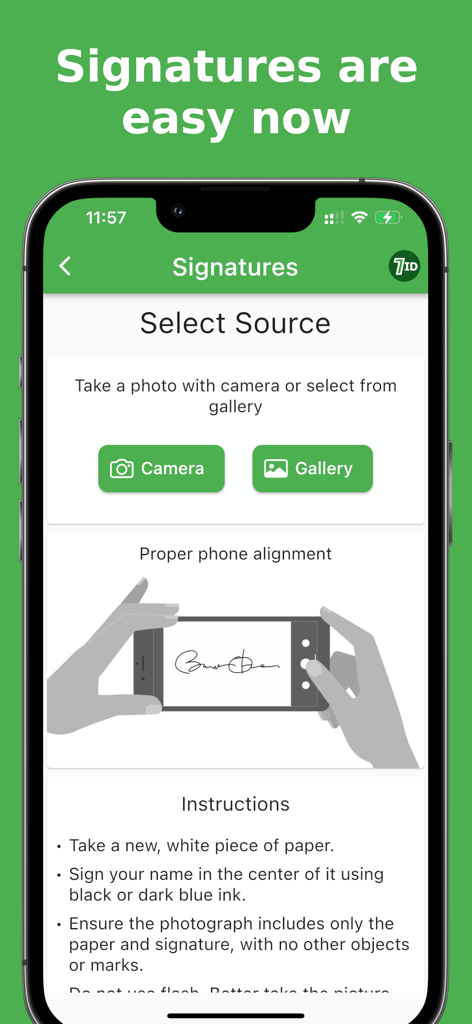 7ID: passport photos - Interface of the 7ID app showing instructions on how to photograph a handwritten signature for official documents