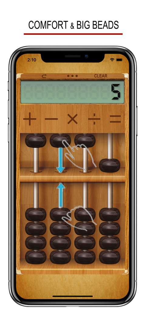 Abacus - Dancing Fingers ! - Pantalla de smartphone que muestra un ábaco digital con diseño de madera y cuentas negras grandes para la práctica de cálculo mental