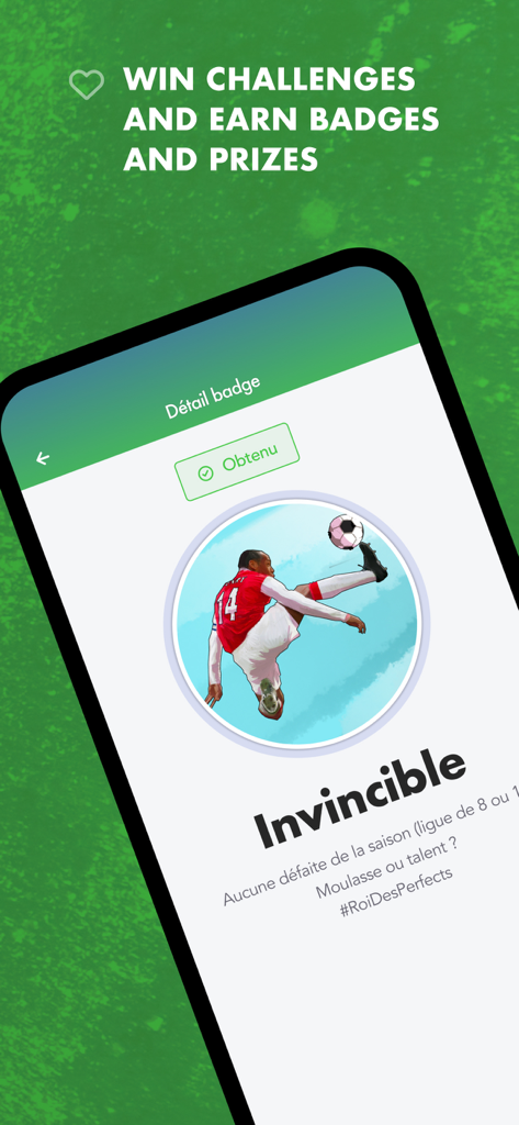 MPG Football - MPG Football app screen showing an earned Invincible badge achievement.