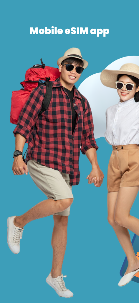 Jovens viajantes com mochilas e equipamentos promovendo o aplicativo móvel Sooty eSIM