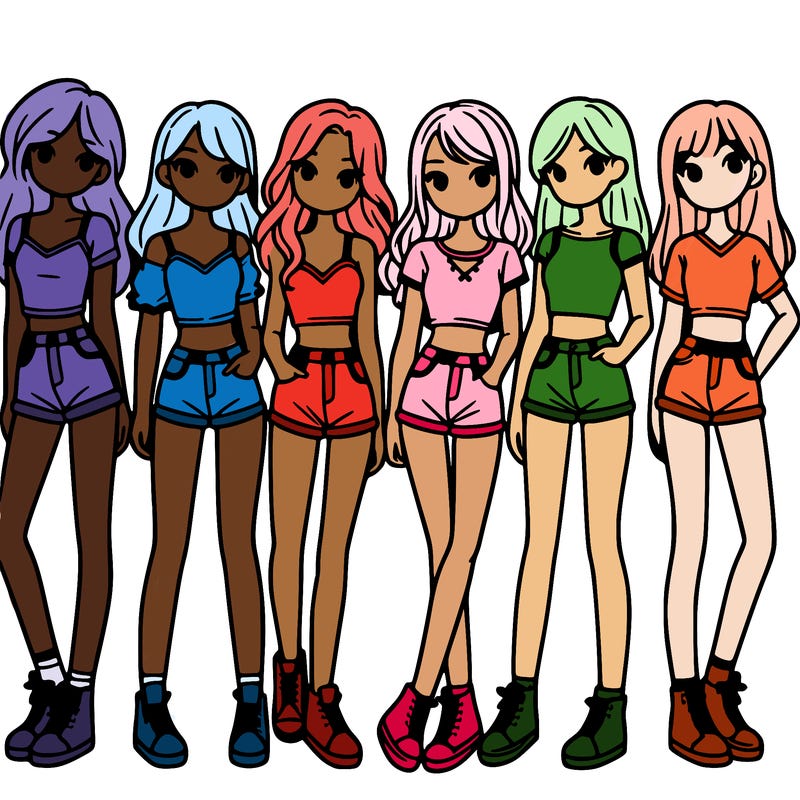 a group of girls wearing crop tops and shorts