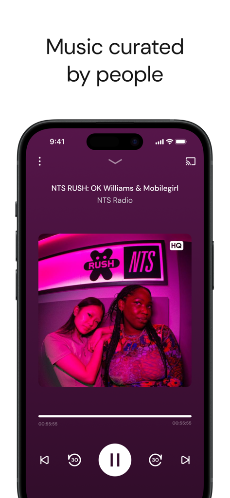 Mixcloud app music player interface showing a curated radio show from NTS Radio
