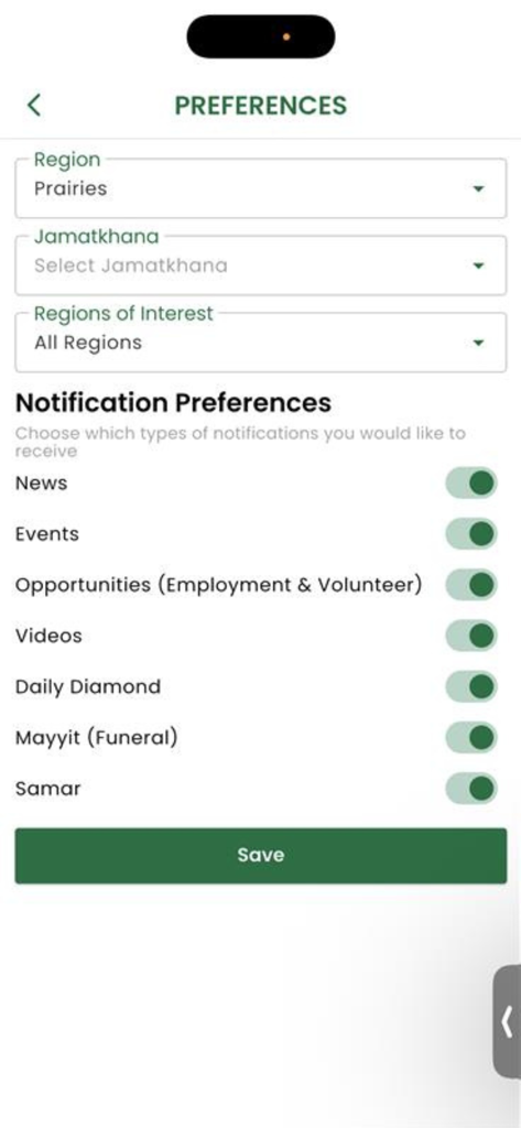 iiCanada - Preferences screen of the iiCanada app showing notification settings for regional news, events, and community services.