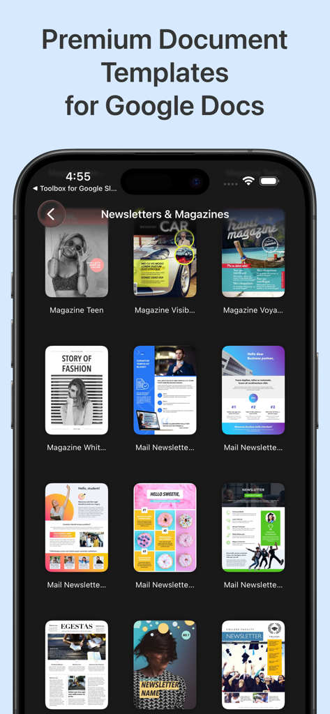 Pantalla de iPhone mostrando plantillas premium de boletines y revistas para Google Docs.