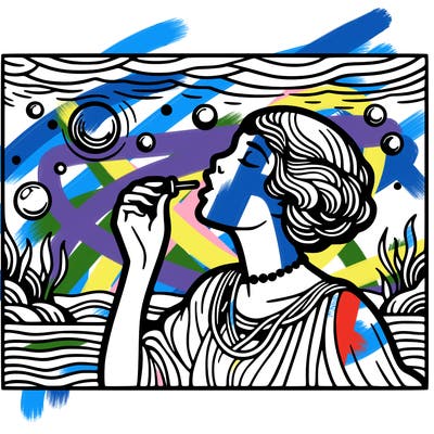 pop art style woman blowing a bubble underwater
