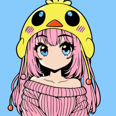 anime girl with chick shaped hat with sweater with bare shoulders with bangs covering them one eye with low tail