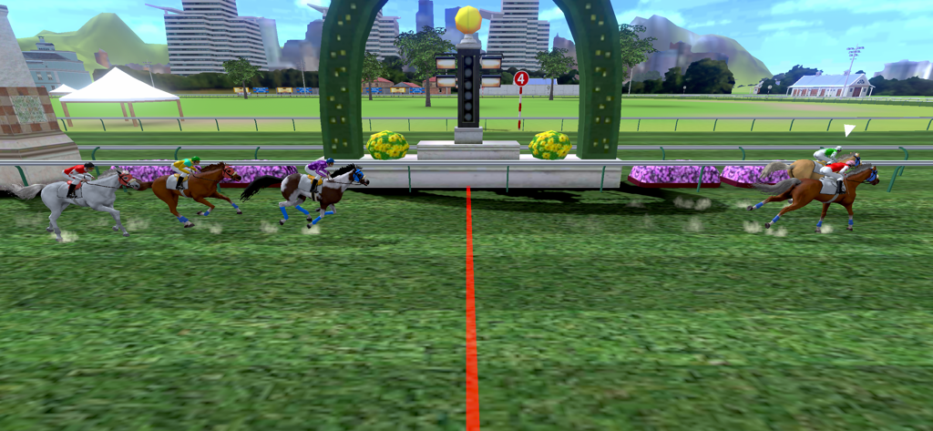 Several jockeys racing horses across a finish line on a green track with a city skyline in the background