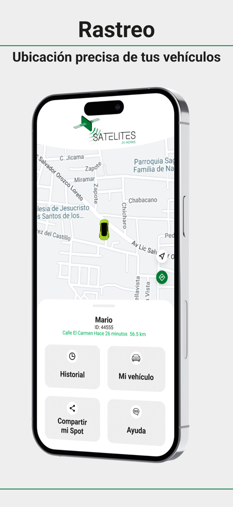 Satélites 24Hrs - Satélites 24Hrs mobile app interface showing real-time GPS vehicle tracking on a map and monitoring features