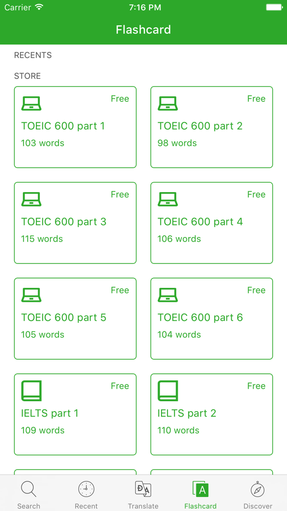 ديكشنري و مترجم فارسي انگلیسي - Persian Dictionary - Flashcard screen in the Persian Dictionary app featuring TOEIC and IELTS vocabulary sets for study.