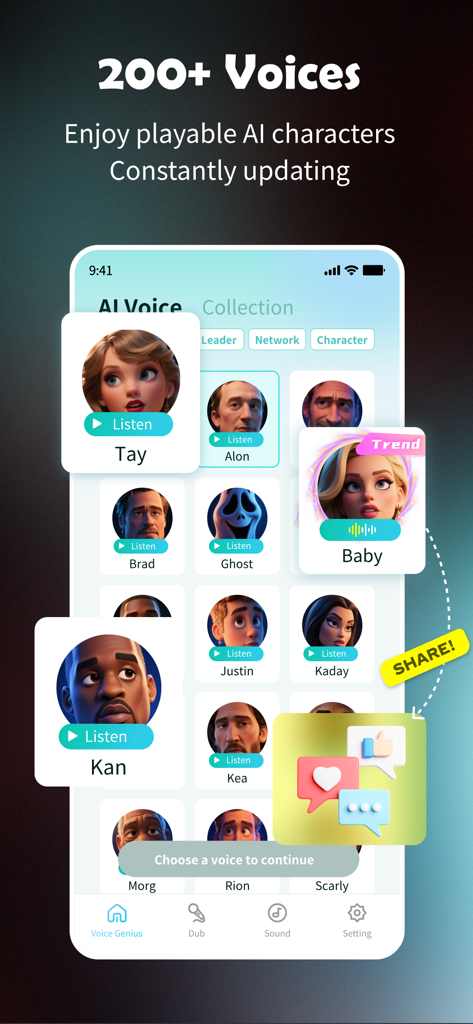 Voice Genius - AI Parody - Mobile app interface showing a library of over 200 AI character voices for parody and content creation